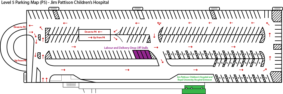 Level 5 parking map at Jim Pattison Children's Hospital, showing parking stalls and stairwells.