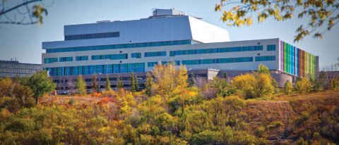 View of Jim Pattison Children's Hospital from across river